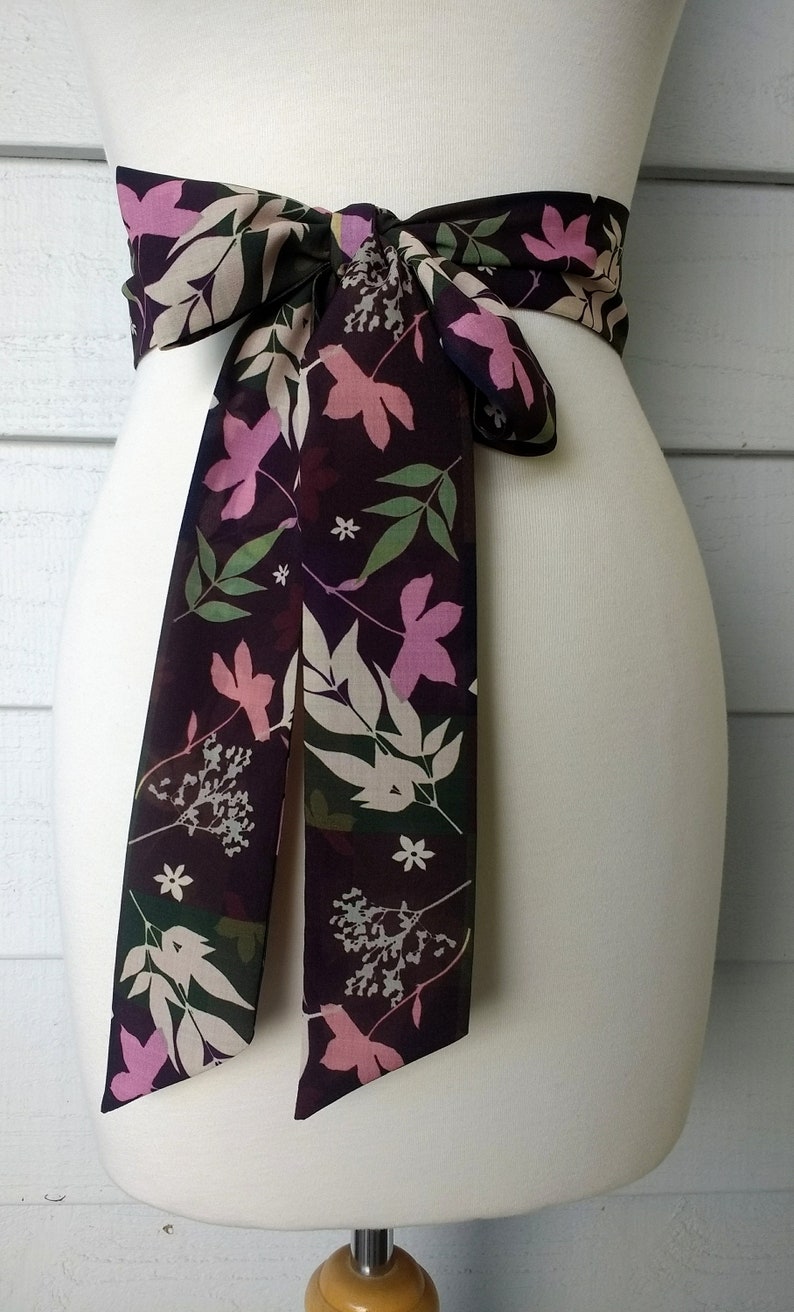 Skinny Scarf, Dark Color Block scarf, botanical scarves for women, neck scarf, neck tie, flower garden scarf, wrap, midnight garden image 3