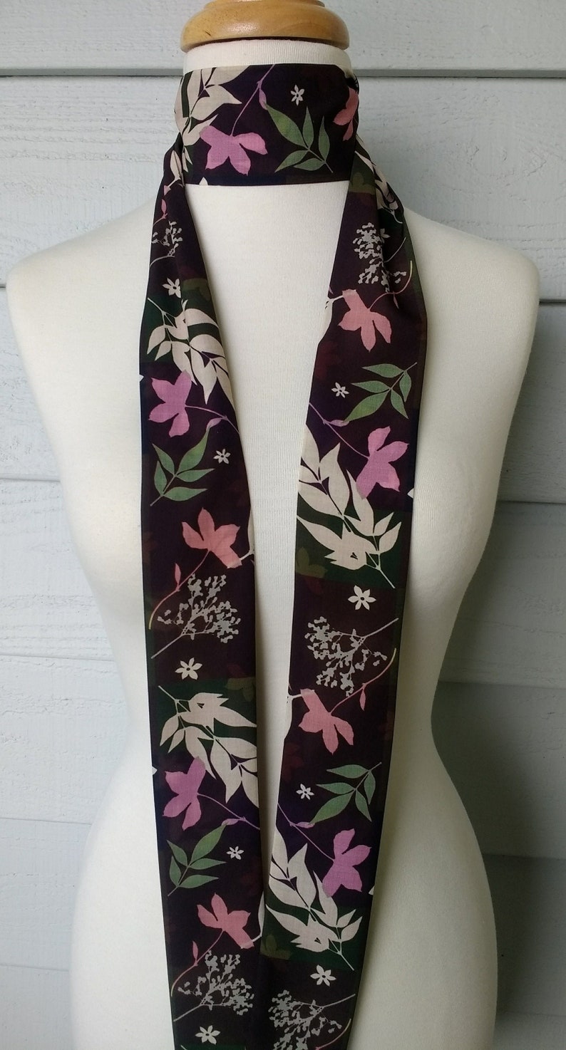 Skinny Scarf, Dark Color Block scarf, botanical scarves for women, neck scarf, neck tie, flower garden scarf, wrap, midnight garden image 1