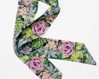 Skinny Scarf,Crepe de Chine floral scarves, Pastel Succulent Garden , scarves for women, neck scarf, neck tie, flower garden scarf