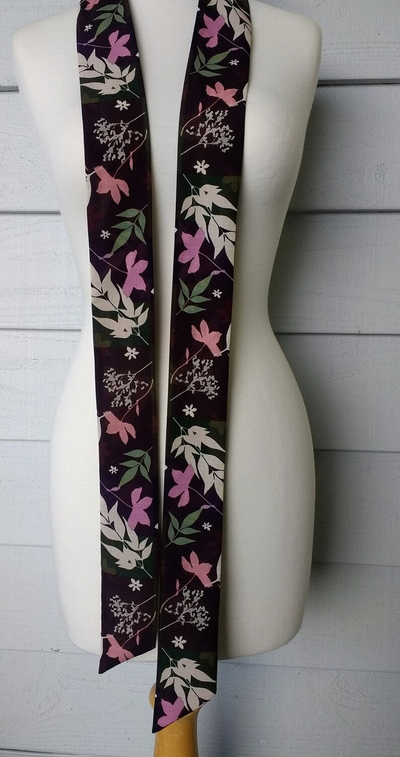 Skinny Scarf, Dark Color Block scarf, botanical scarves for women, neck scarf, neck tie, flower garden scarf, wrap, midnight garden image 2