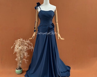 Navy Blue Floral Prom Dress, One Shoulder Evening Gown, Elegant Long Formal Dress, Romantic Flower Bridal Gown, A Line Party Gown