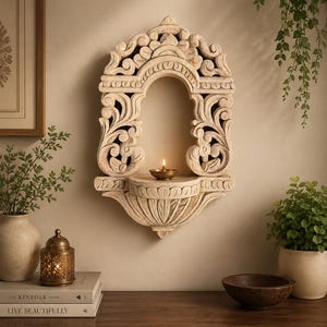Può includere: Una mensola da parete in legno intagliato di colore chiaro con un design ad arco e intricati motivi floreali e a volute. Una piccola lampada a olio in metallo con una fiamma accesa poggia sul ripiano centrale della mensola montata a parete.