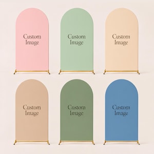 May include: Six arched display panels with gold-toned metal stands, arranged in two rows. Each panel features a solid matte color in shades of pink, light green, cream, beige, sage green, and blue, with the text Custom Image printed in dark brown.
