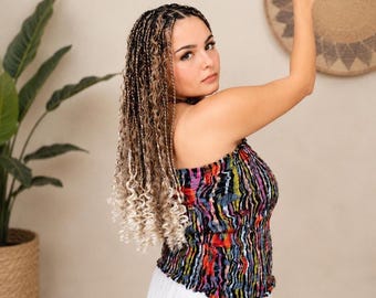 Haut extensible fait main – Imprimé africain multicolore – Haut Kamba – Fabriqué en Tanzanie
