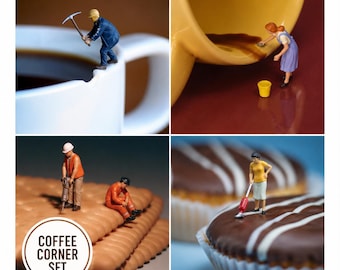 Set van 4 wanddecoraties voor de koffiehoek, miniatuurfotografie, printbare downloads voor de pauzeruimte
