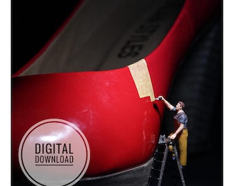 Muurdecoratie met rode hoge hakken, miniatuurschilderfotografie, vierkante printbare download