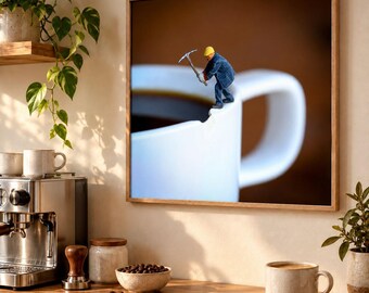 Koffie muurdecoratie print, vierkante miniatuurfotografie, ingelijst of oningelijst.