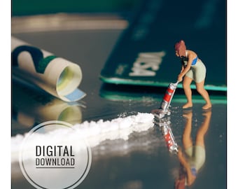Witte lijnreiniger muurdecoratie, miniatuurstofzuigerfotografie, zwarte humor printbaar