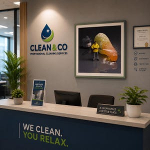 Puede incluir: Un mostrador de recepci&oacute;n con frente azul oscuro y el texto WE CLEAN. YOU RELAX. La pared muestra el logotipo de CLEAN & CO, una imagen enmarcada de una figura en miniatura limpiando una fruta de goma, un certificado y un letrero con A CLEAN SPACE A BETTER PLACE.