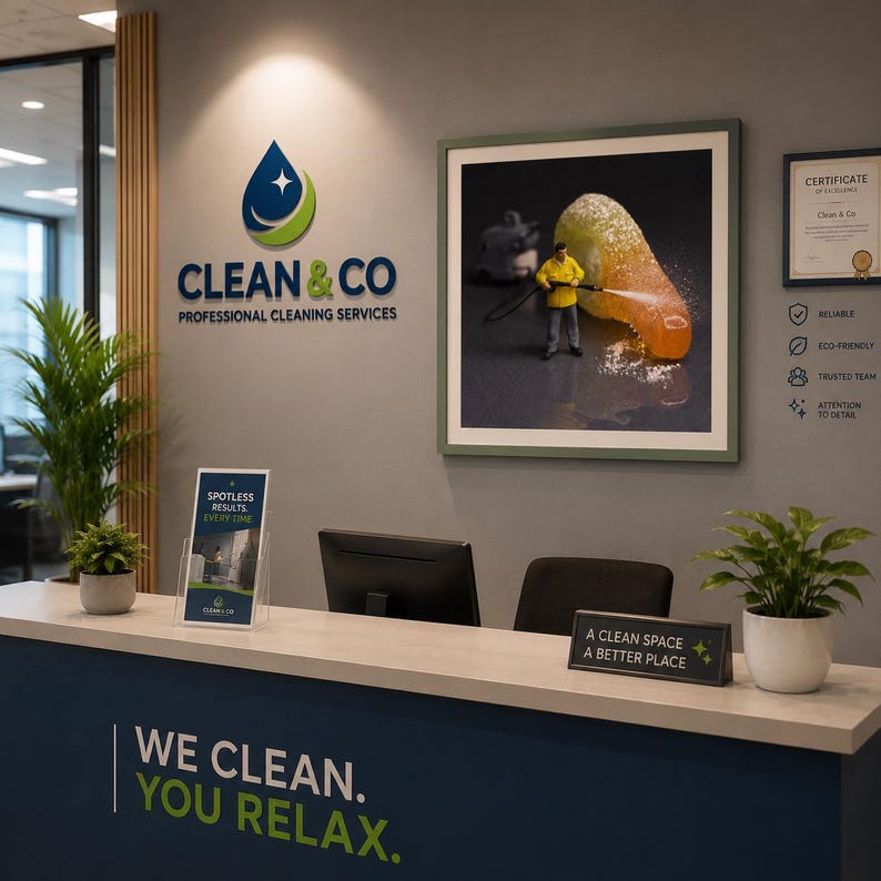 Puede incluir: Un mostrador de recepci&oacute;n con frente azul oscuro y el texto WE CLEAN. YOU RELAX. La pared muestra el logotipo de CLEAN & CO, una imagen enmarcada de una figura en miniatura limpiando una fruta de goma, un certificado y un letrero con A CLEAN SPACE A BETTER PLACE.