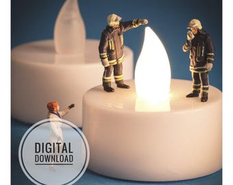 Muurdecoratie met brandweerthema, miniatuurfoto's van vals alarm, grappige printbare afbeelding om te downloaden