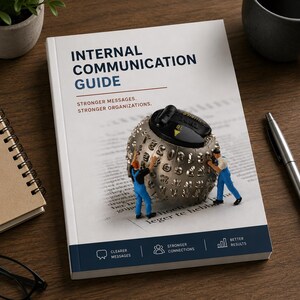 以下が含まれることがあります： Internal Communication Guideというタイトルの白い本。サブタイトルはStronger Messages. Stronger Organizations。表紙には、青いオーバーオールを着た2体のミニチュアフィギュアと、金属製のタイプライターのボール要素が描かれています。