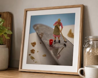 Grappige keukenmuurdecoratie, klein schoonmaakmiddel op een broodmes, miniatuurfotografie downloaden