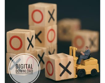 Muurdecoratie met boter-kaas-en-eieren-thema, miniatuurfotografie van een heftruck, printbare afbeeldingen voor op kantoor