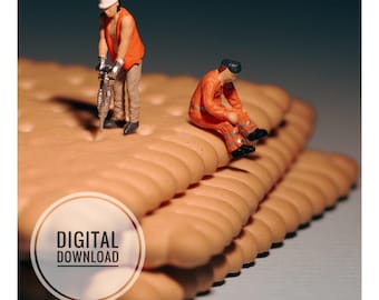 Muurdecoratie voor de koekjeskeuken, miniatuurfotografie van bakkerijmedewerkers, printbare afbeelding om te downloaden