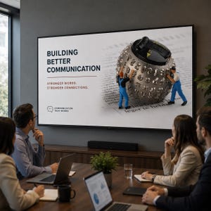 以下が含まれることがあります： 壁掛けの大型スクリーンに「BUILDING BETTER COMMUNICATION」というタイトルのプレゼンテーションが表示されており、サブタイトルには「STRONGER WORDS. STRONGER CONNECTIONS.」とあります。グラフィックには、青い服を着た2体のミニチュアフィギュアが金属製のタイプライターボールを押している様子が描かれています。