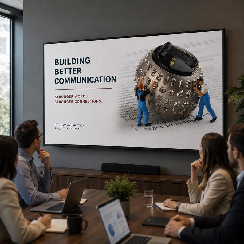 以下が含まれることがあります： 壁掛けの大型スクリーンに「BUILDING BETTER COMMUNICATION」というタイトルのプレゼンテーションが表示されており、サブタイトルには「STRONGER WORDS. STRONGER CONNECTIONS.」とあります。グラフィックには、青い服を着た2体のミニチュアフィギュアが金属製のタイプライターボールを押している様子が描かれています。