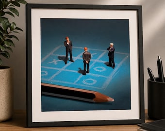 Muurdecoratie voor strategiekantoor, kleine figuurtjes op een boter-kaas-en-eieren-bord, miniatuurfotografie downloaden