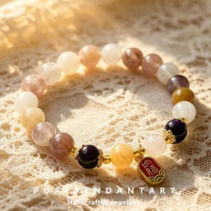 Pulseira Fu de Jade Violeta Roxa de 8 mm, Pulseira de Contas com Múltiplas Pedras Preciosas Naturais, Joia da Sorte Feng Shui, Presente para Mulheres e Meninas