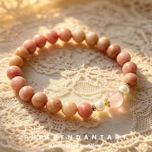 Armband aus Rhodonit- und Rosenquarzperlen, 8 mm Naturstein, dehnbar bis 16 cm