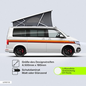 Può includere: Un camper bianco con tetto a soffietto e una striscia orizzontale in stile retrò nei toni dell'arancione, rosso e marrone. L'immagine riporta le dimensioni della striscia di 4500mm x 180mm, opzioni di laminato protettivo e pellicola canalizzata.