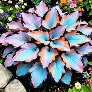 Könnte beinhalten: Nahaufnahme einer Hosta-Pflanze mit auffälligen, mehrfarbigen Blättern. Die Blätter zeigen eine Mischung aus Blau, Orange und Lila, die mit Schwarz umrandet sind. Die Pflanze steht inmitten anderer Blumen und Blätter.