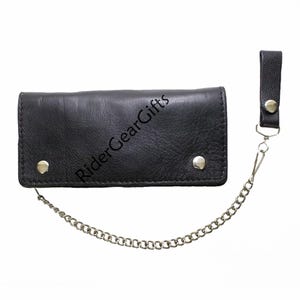 May include: A black leather bifold wallet featuring two silver-toned snap closures on the front and a silver-toned metal chain attached to a leather belt loop. The text RiderGearGifts is printed diagonally across the center of the wallet surface.