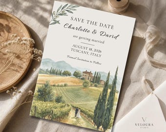 Tuscany Watercolor Vineyard Save the Date Template, Italian Wedding (Digital Download)