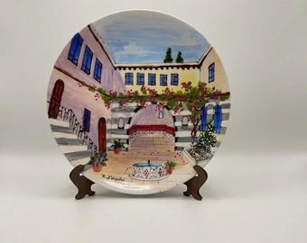 Hand-Painted Damascus Courtyard Ceramic Plate | Middle Eastern Home Decor, Mother of Pearl Style