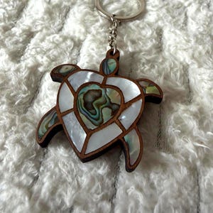 Mother of Pearl Sea Turtle Keychain, Walnut Wood Abalone Shell Inlay, Syrian Craft
