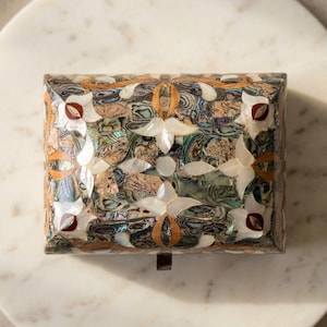 Handmade Mother of Pearl Keepsake Box | Scroll Abalone Shell Inlay | Rectangular Syrian Damascene Walnut Jewelry Box