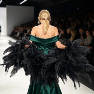 May include: A floor-length dark green satin gown featuring an off-the-shoulder neckline and a voluminous wrap made of long, black feathers that extend from the sleeves across the back, creating a dramatic, textured appearance.