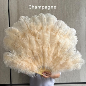 May include: A large, fan-shaped arrangement of soft, champagne-colored ostrich feathers with a light beige hue. The feathers are fanned out in a wide, semi-circular display, attached to a light-colored wooden handle at the base. The text Champagne is visible.