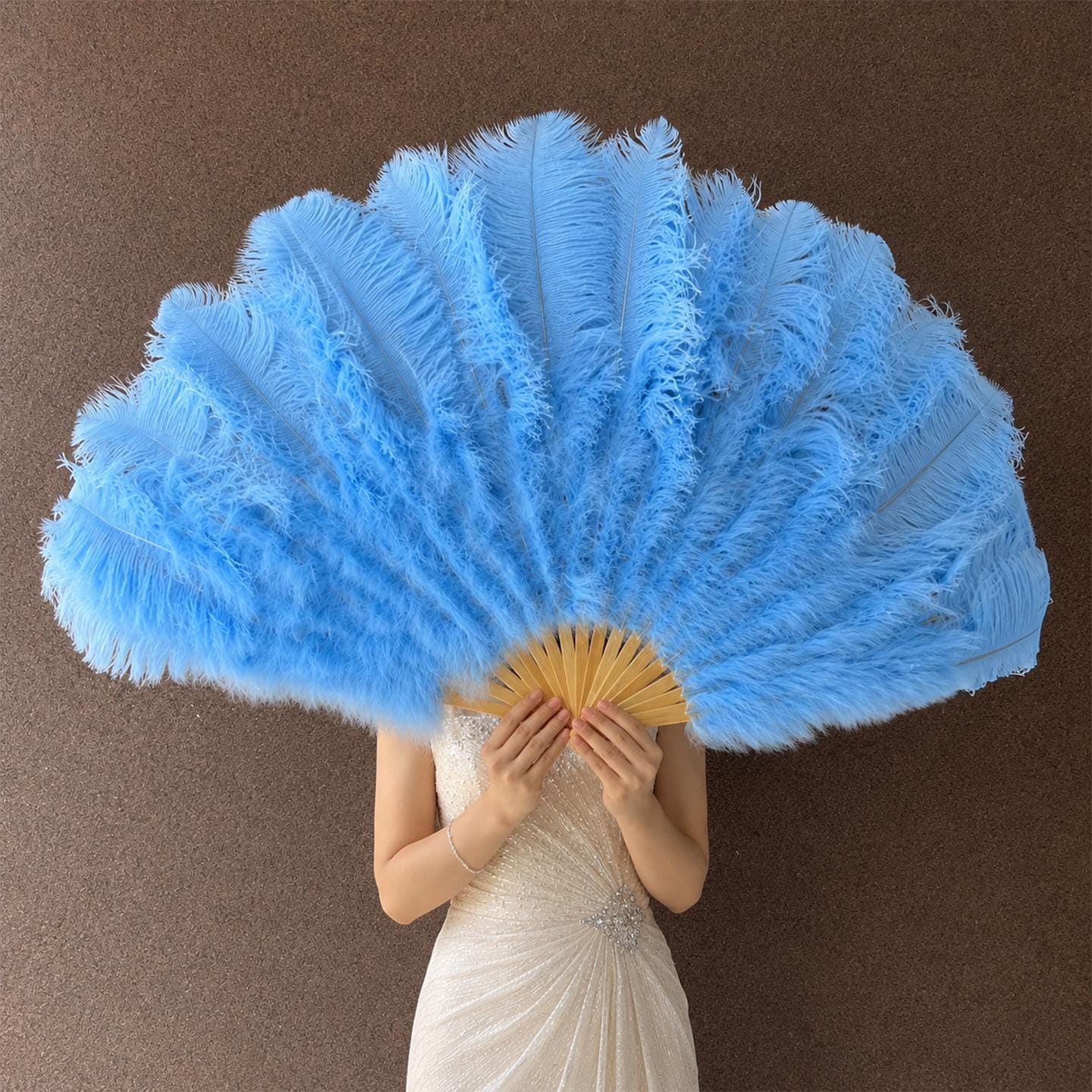 Giant Ostrich Feather Fan, Bamboo Folding Fan, Burlesque Dance Prop, 70x120cm Baby Blue