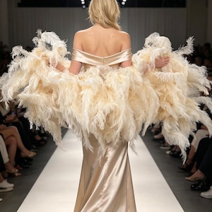 May include: A floor-length champagne-coloured satin gown featuring an off-the-shoulder neckline and a voluminous, wide wrap adorned with long, flowing cream-coloured ostrich feathers that extend outwards from the arms and across the back.
