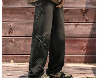 Oversized Men’s Streetwear Unisex Loose Fit Jeans with Star Detail Hip Hop Skater Pants