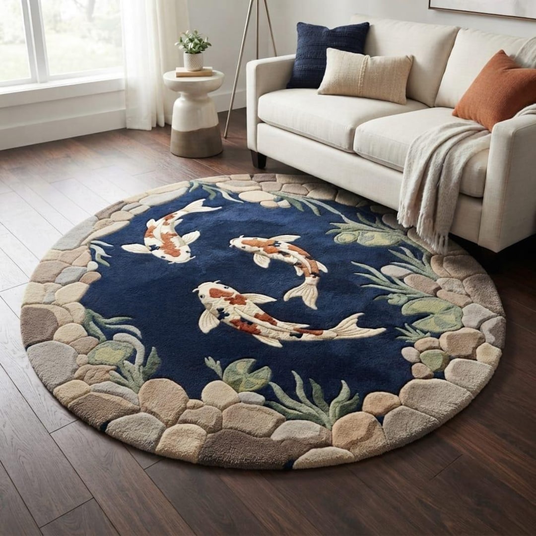 Fish Tuft Rug Buy Handmade Koi Fish Pond Rug, Japanese Style Round Tufted Area Rug ...