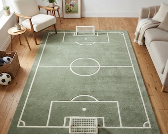 Handgetufteter Fußballfeldteppich, grüner Fußballplatzteppich, Sportzimmerteppich.