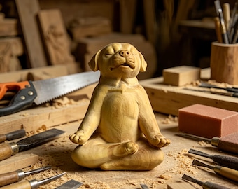 Hand-Carved Meditating Dog Wood Sculpture, Zen Yoga Decor, Mindfulness Gift, Relaxation Figurine, Unique Handmade Wooden Art