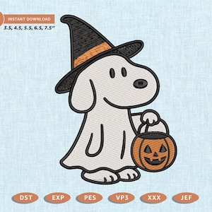 May include: An embroidery design featuring a white dog wearing a black and orange witch hat, dressed in a ghost costume, and holding an orange jack-o'-lantern bucket. Text includes 05 sizes, 3.5, 4.5, 5.5, 6.5, 7.5 inches, DST, EXP, PES, VP3, XXX, JEF.