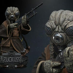 May include: A detailed collectible bust of the character Zuckuss, featuring a textured, insect-like head with large compound eyes and a central breathing apparatus. The figure wears a brown robe and holds a long, dark grey blaster rifle.