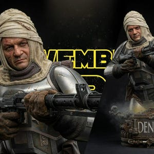 May include: A detailed collectible bust of a character wearing a tan head wrap and metallic armor, holding a long black blaster rifle. The base features a rectangular plaque with the name DENGAR in raised lettering, set against a dark background.