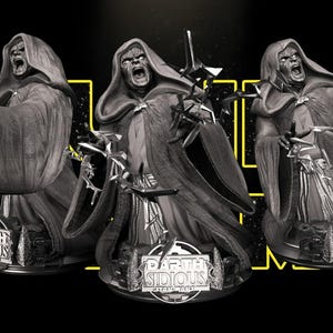 May include: Three grey monochrome statues of Darth Sidious in hooded robes, each with an open mouth and outstretched hands emitting jagged lightning bolts. Each base features a circular plaque with the text Darth Sidious Star Wars in relief.