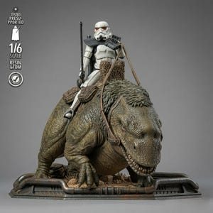 May include: A 1/6 scale resin and FDM printed figurine of a white armored soldier riding a large, textured, olive-green reptilian creature. The soldier holds a long staff, and the creature is equipped with a brown saddle and reins on a base.