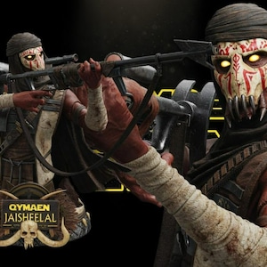Pode incluir: Um busto colecionável detalhado de um personagem usando uma máscara branca com marcas vermelhas e olhos amarelos brilhantes, envolto em um lenço escuro e bandagens. A base apresenta um emblema de caveira e o texto QYMAEN JAISHEELAL.