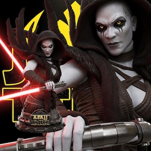May include: A detailed bust figurine of Asajj Ventress featuring pale skin, yellow eyes, and dark hooded robes. The character holds a metallic lightsaber hilt with a glowing red blade. A plaque on the base displays the text Asajj Ventress.