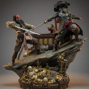 May include: A detailed diorama statue featuring two pirate figures dueling with swords atop a rocky base filled with gold coins, skulls, and treasure chests. The base displays the text Pirates of the Caribbean The Curse of the Black Pearl.