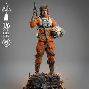May include: A 1/6 scale resin and FDM figure of a pilot in an orange flight suit, holding a blaster in one hand and a white helmet with orange markings in the other. The figure stands on a dark, rocky base with flames, featuring text: TESTED PRESUPPORTED 1/6 SCALE RESIN & FDM.