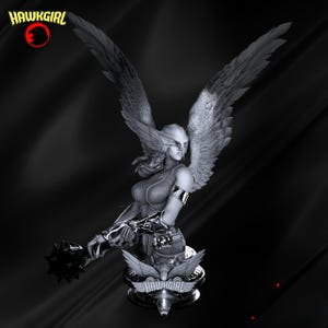 May include: A monochromatic Hawkgirl bust figurine featuring a winged character wearing a helmet with prominent side wings. The figure holds a spiked mace and stands on a circular base with the text Hawkgirl and a bird emblem displayed on the front.