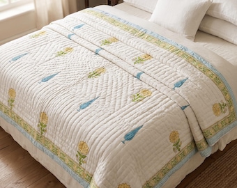 Handmade Floral Block Print Cotton Quilt, Twin Size Boho Bedding Blanket